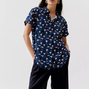 New Wildfang The Empower Patterned Button-up Shirt Navy S Short Sleeve